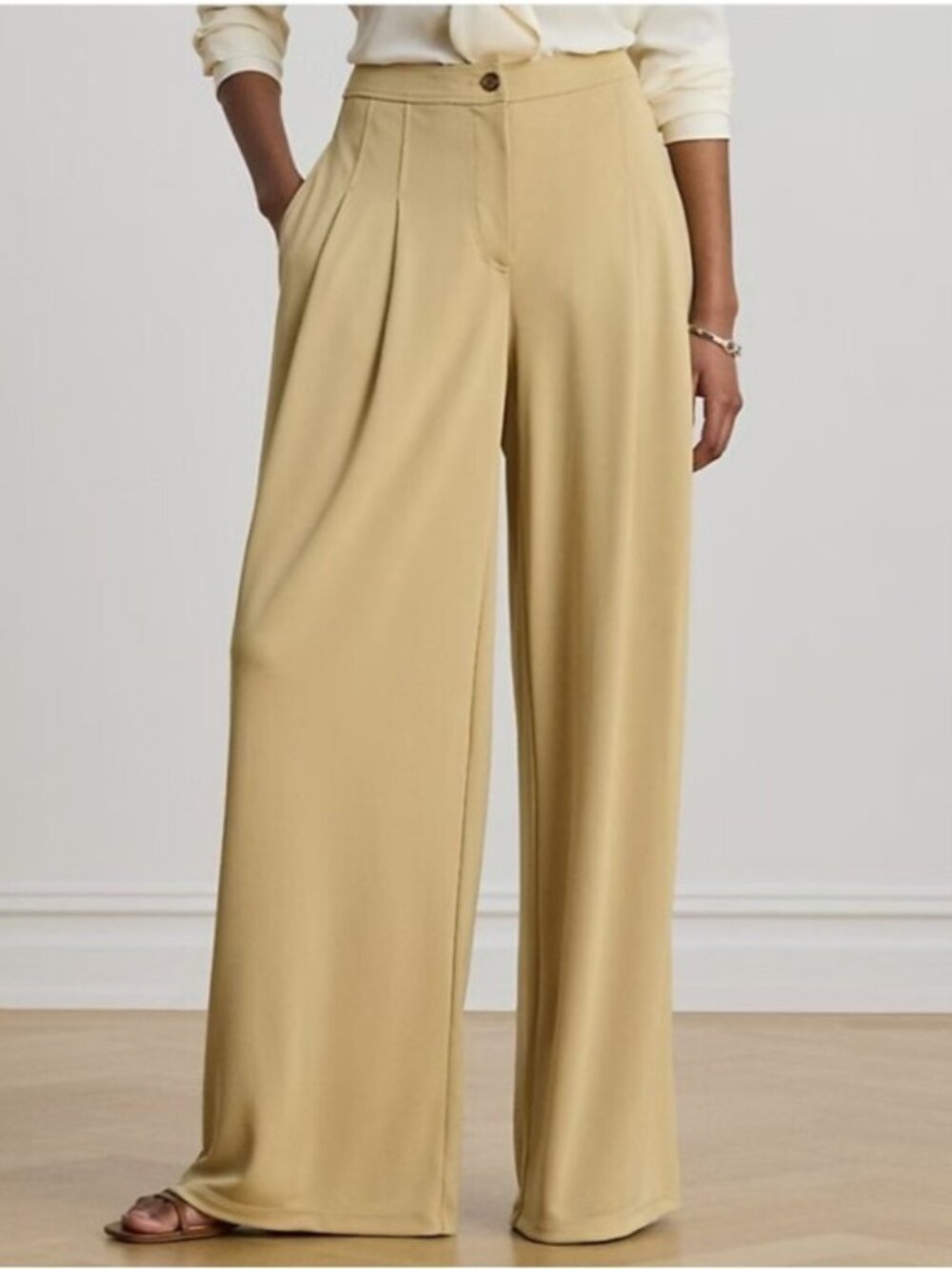 Lauren Ralph Lauren Tan Wide-Leg Pleated Trouser Pants Jersey Stretch New